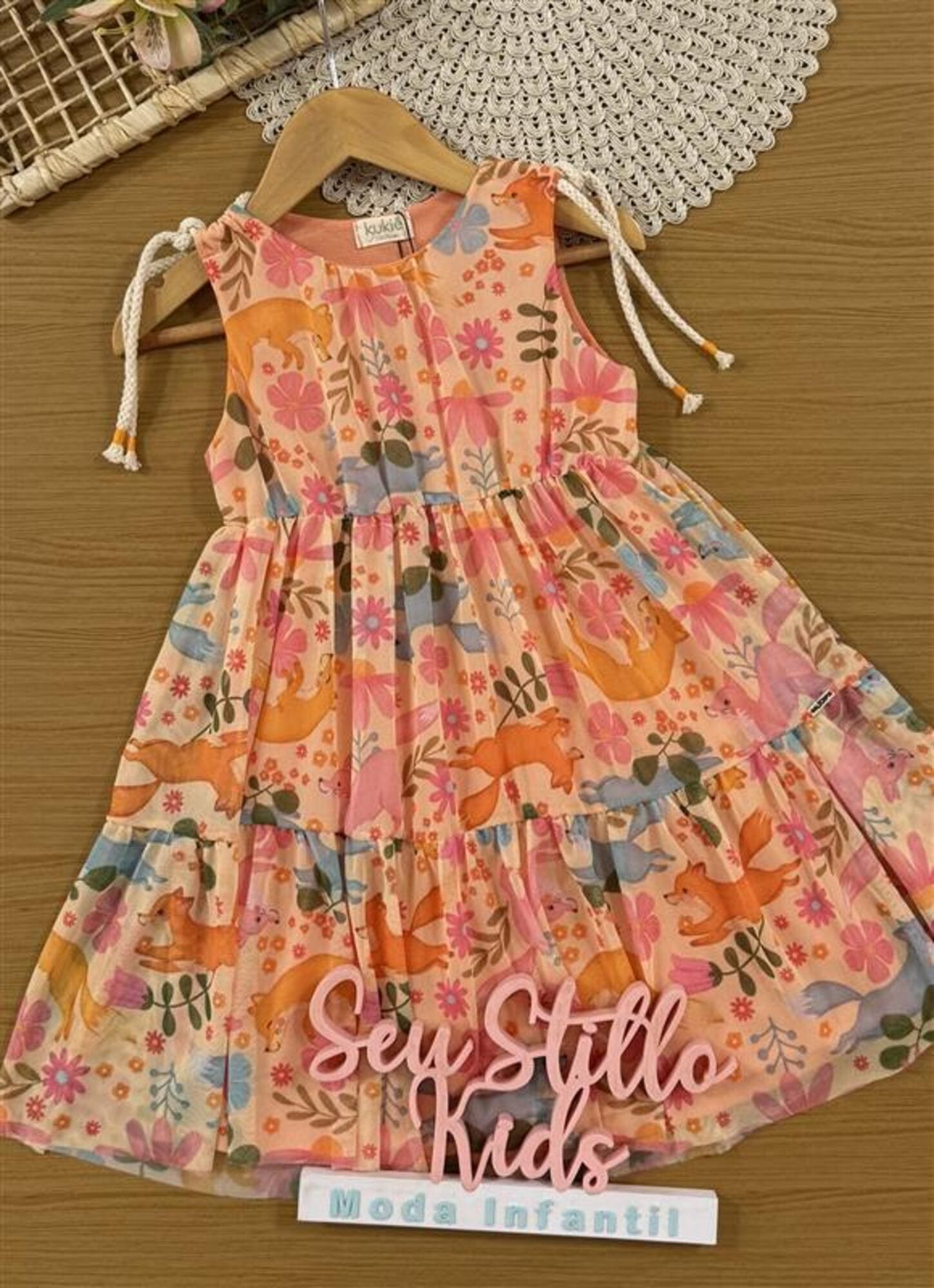 Vestido Infantil Kukiê Verão em Tule Laranja Raposas Floral