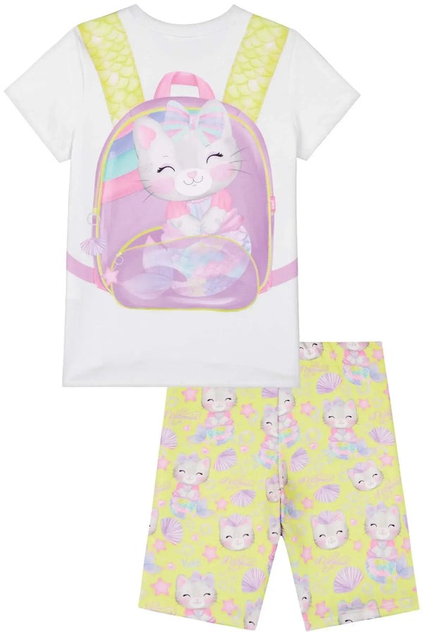 Conjunto Infantil Kukiê Verão com Shorts Ciclista Amarelo e Blusa Branca Gatinha Mochilinha