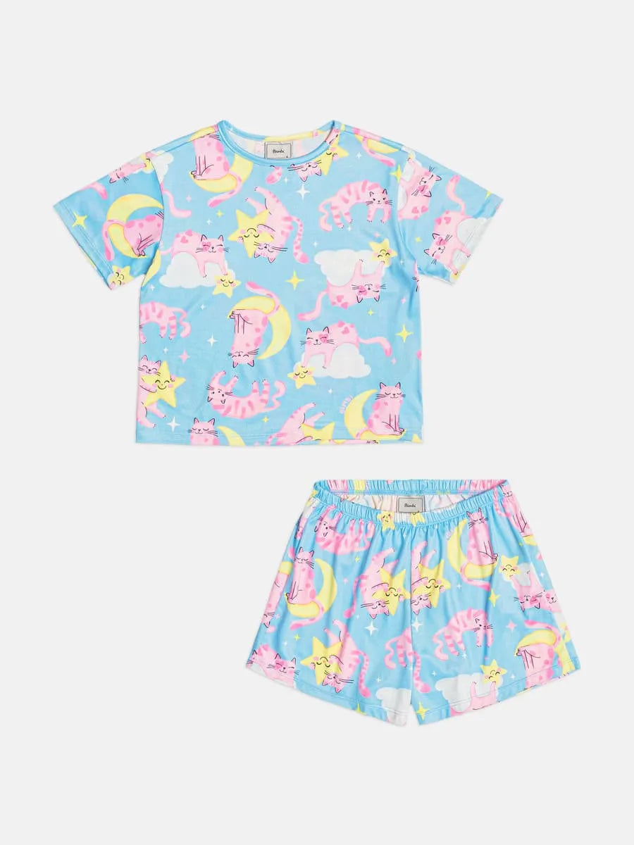 Pijama Infantil Menina Bimbi com Shorts e Blusa Azul Gatinhos