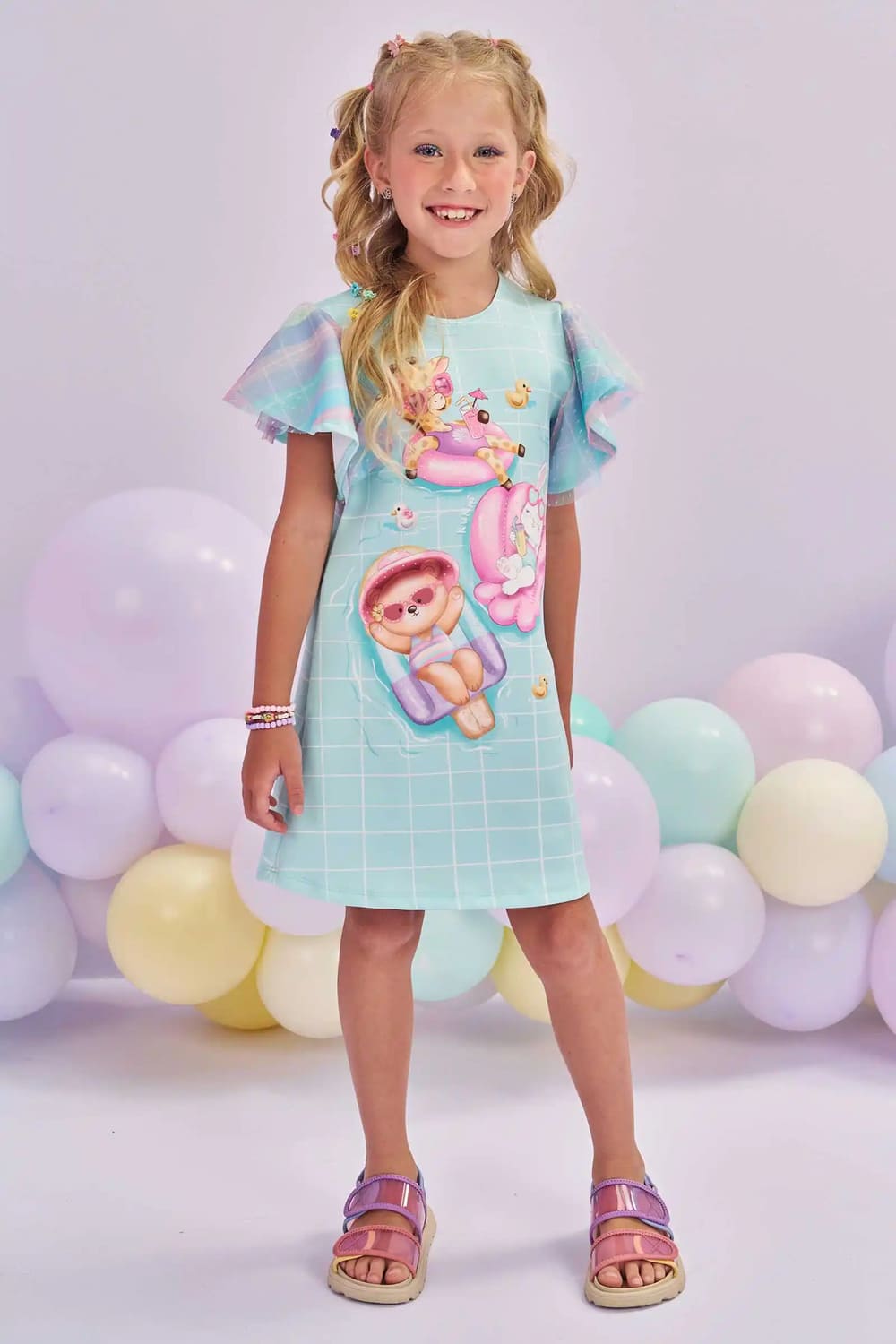 Vestido Infantil Kukie Verão Azul Festa na Piscina