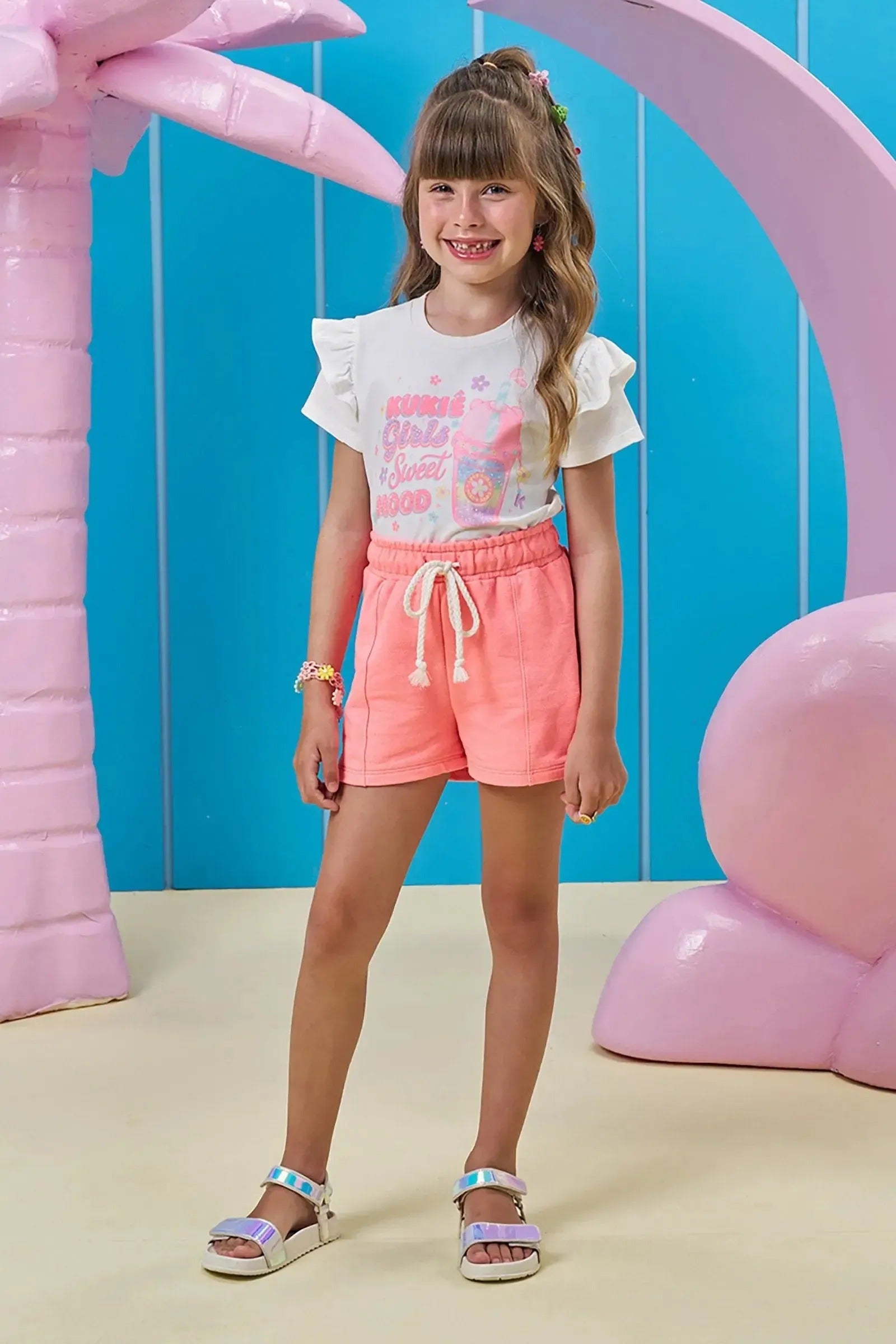 Conjunto Infantil Menina Kukiê com Shorts Rosa e Blusa Milk Shake