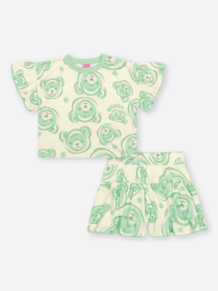 Conjunto Infantil Cinti Verão com Shorts e Blusa Verde Ursinhas