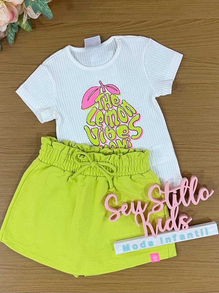 Conjunto Infantil Momi Verão Com Shorts Saia e Blusa Branca Limão