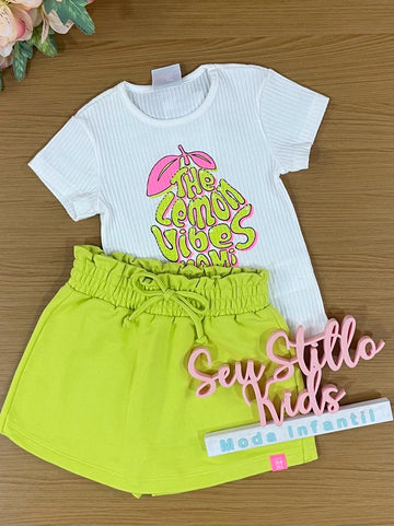 Conjunto Infantil Momi Verão Com Shorts Saia e Blusa Branca Limão