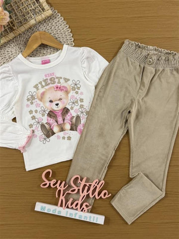 Conjunto Infantil Cinti Inverno com Calça  Bege e Blusa Manga Longa Ursinha Stay Fiesty