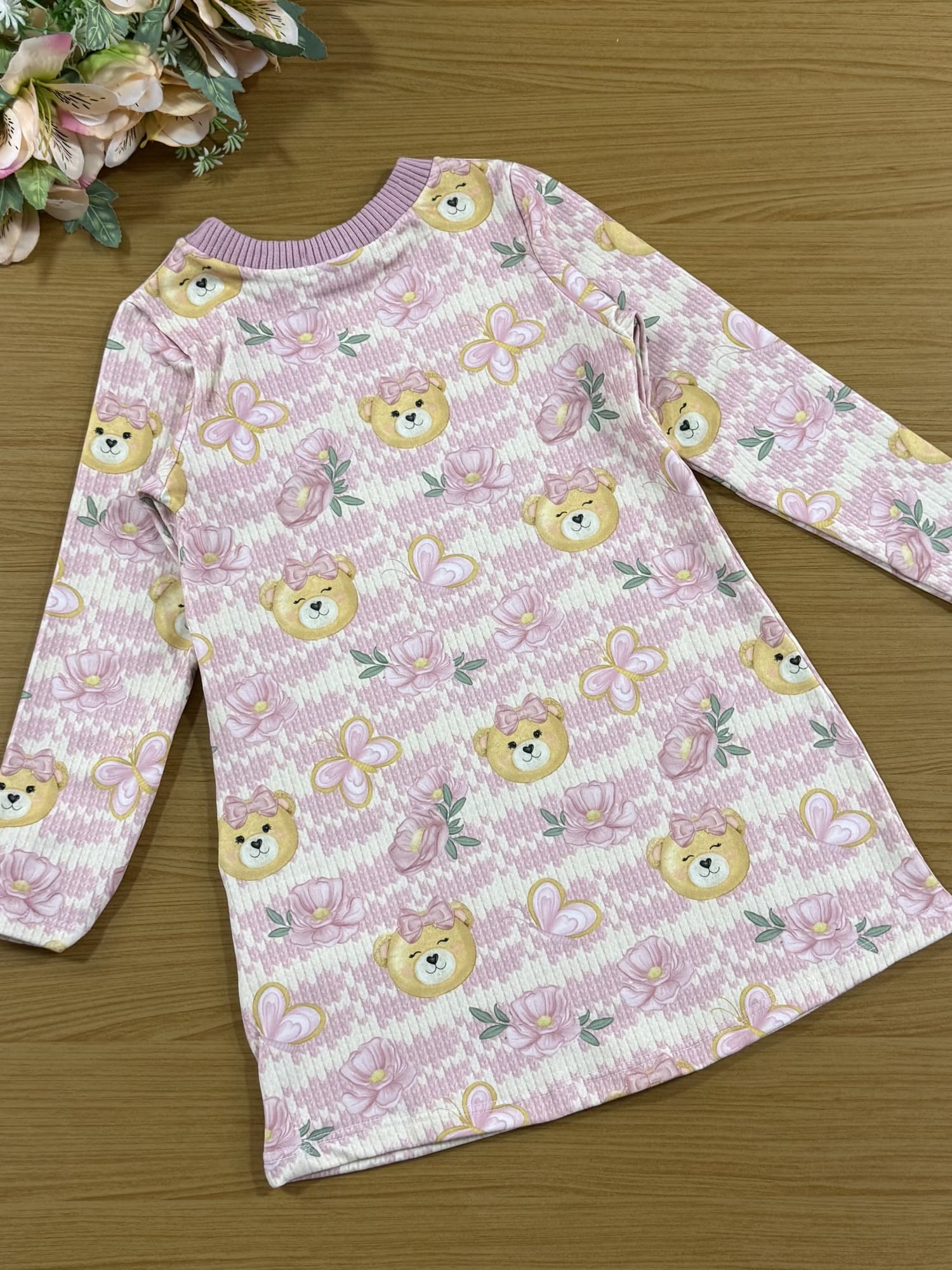 Vestido Infantil Kukie Inverno Rosa Ursinha no Campo