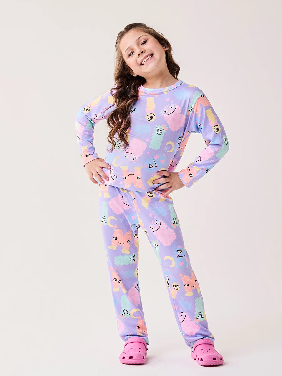 Pijama Infantil Bimbi Inverno com Calça e Blusa Manga Longa Lilás Monstrinhos