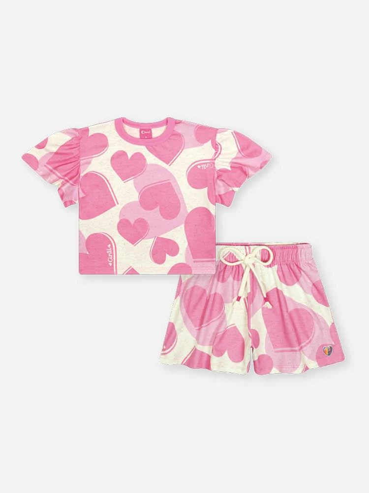 Conjunto Infantil Cinti Inverno com Shorts e Blusa Manga Curta Rosa Corações