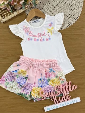Conjunto Infantil Kukiê com Shorts Rosa e Blusa Manga Curta Floral