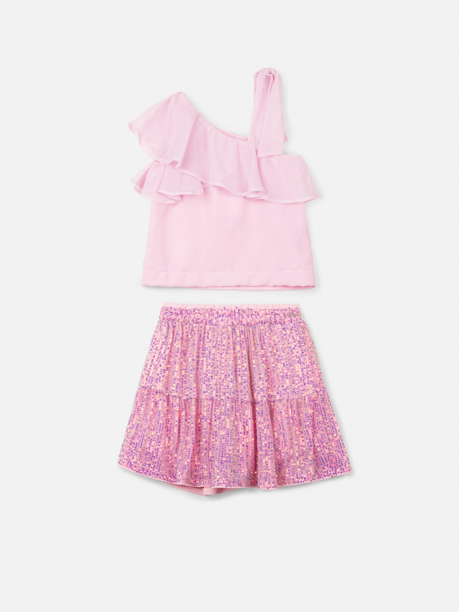 Conjunto Infantil Animê Verão Saia Paetê e Blusa Rosa