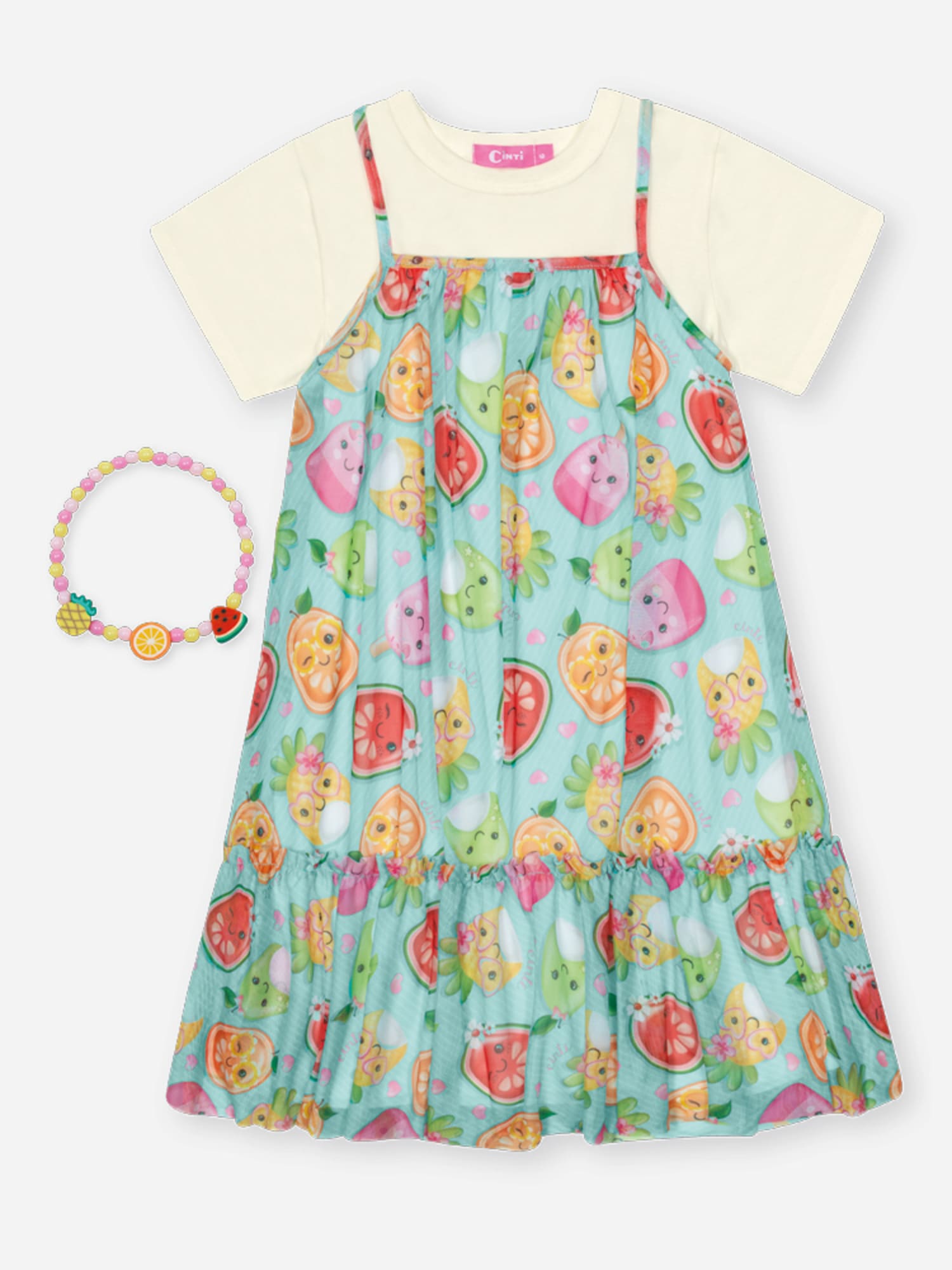 Vestido Infantil Cinti Verão com Pulseira e Sobreposição Azul Frutinhas