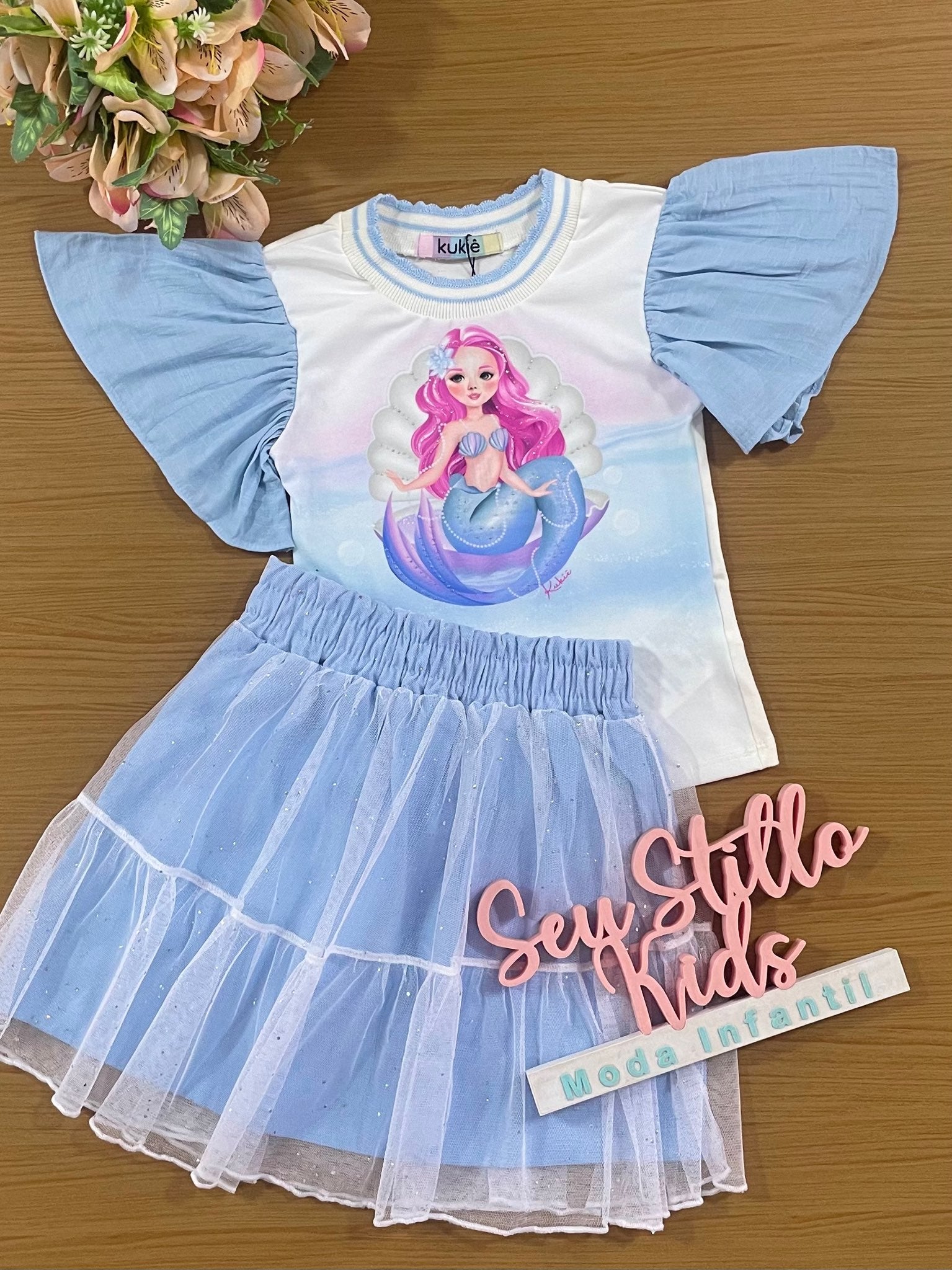 Conjunto Infantil Kukie Inverno Tropical Saia Tule e Blusa Curta Sereia Azul