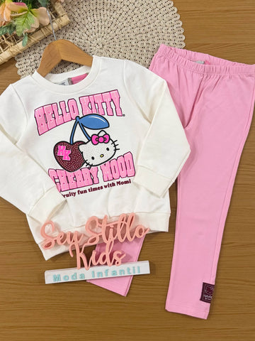 Conjunto Infantil Momi Inverno com Calça Legging Rosa e Moletom sem Flanela Hello Kitty Cherry