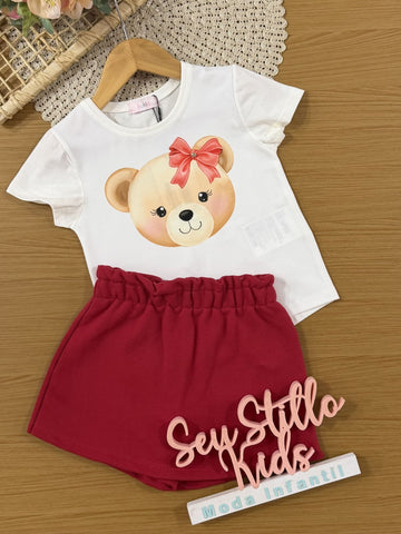 Conjunto Infantil Kukiê com Shorts Vermelho e Blusa Ursinha Lacinho