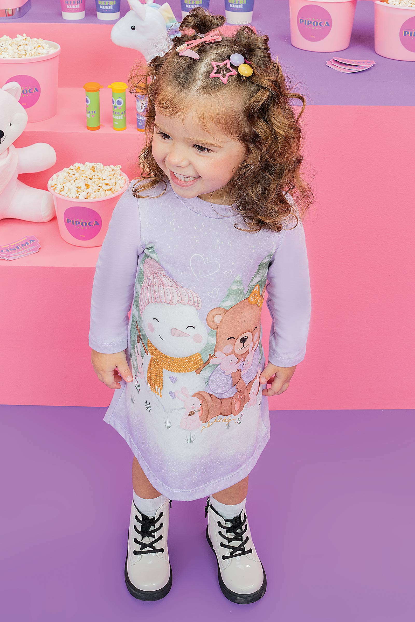 Vestido Infantil Kukie Baby Inverno Lilás Ursinho