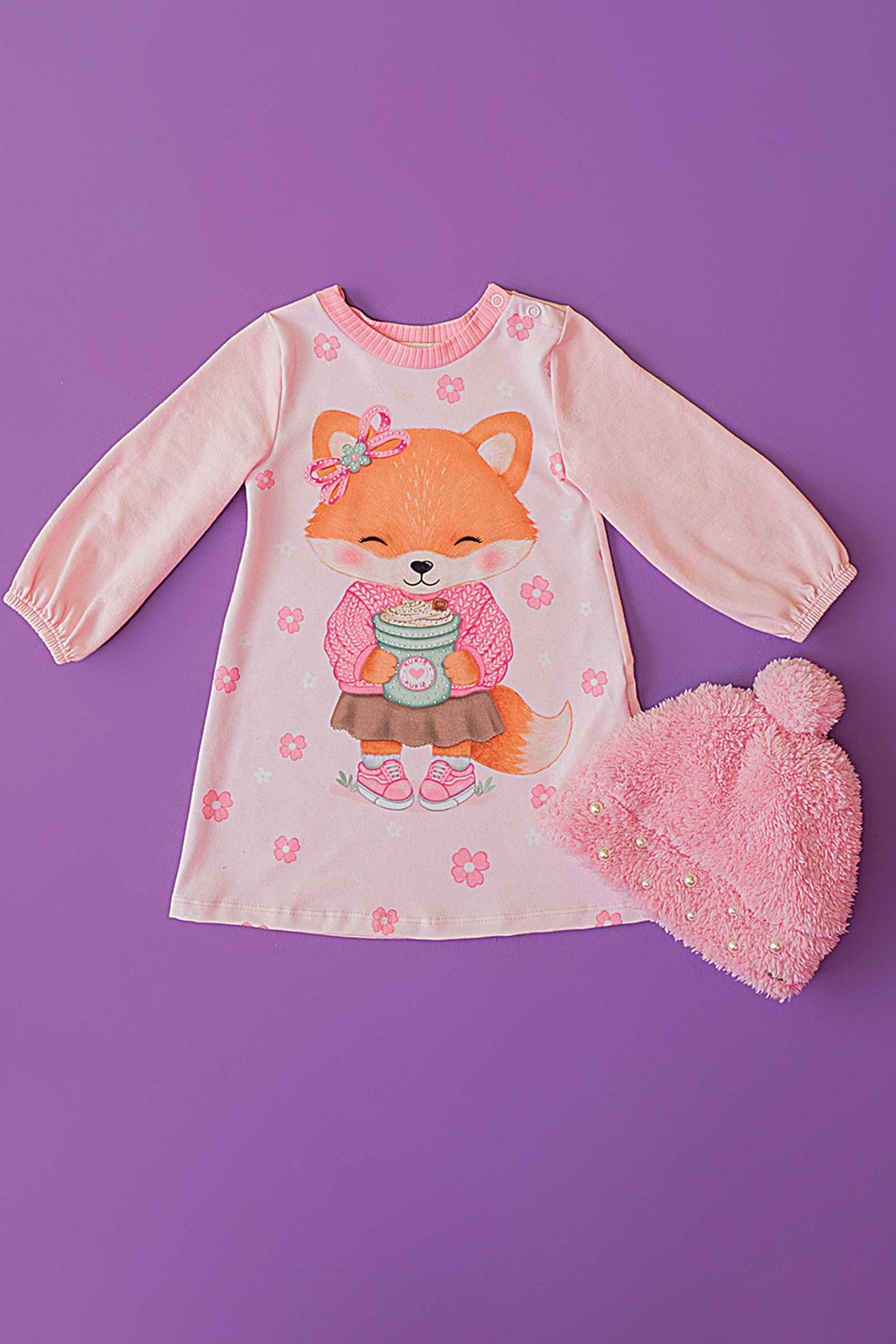 Vestido Infantil Kukie Baby Inverno Rosa Raposa