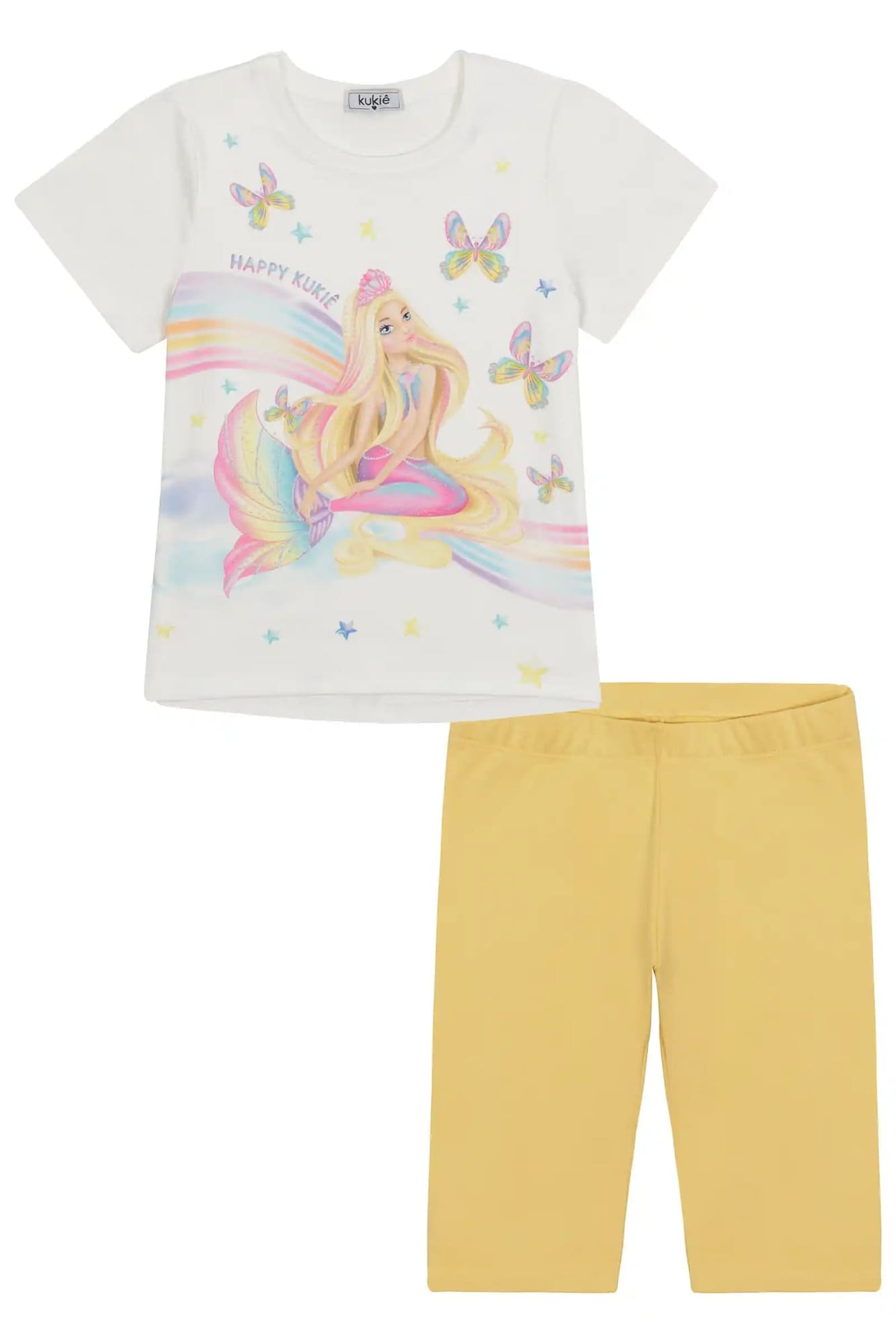 Conjunto Infantil Kukiê com Shorts Ciclista Amarelo e Blusa Manga Curta Sereia