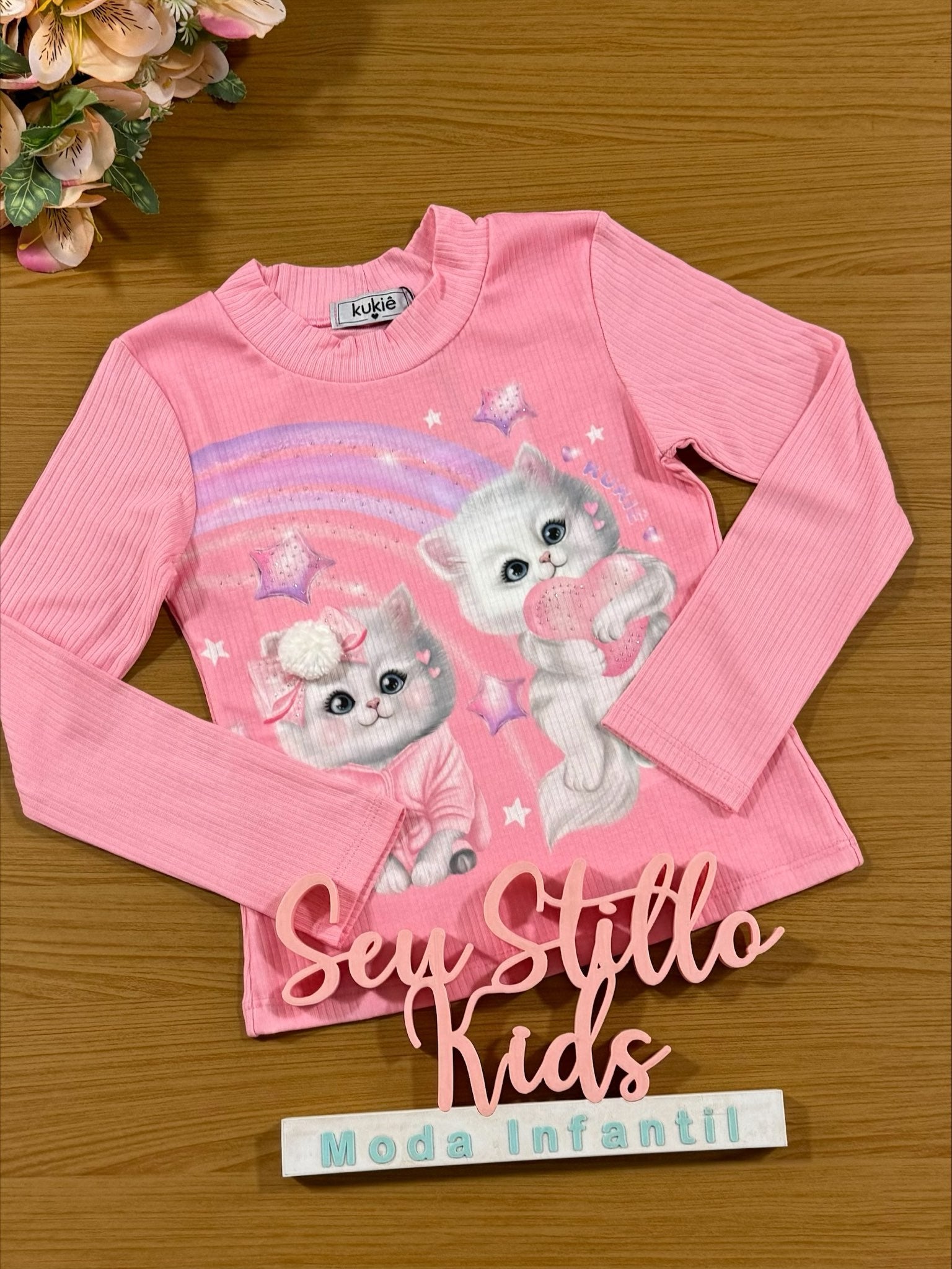 Blusa Infantil Kukie Inverno Manga Longa Rosa Gatinha