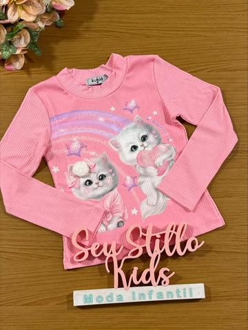 Blusa Infantil Kukie Inverno Manga Longa Rosa Gatinha