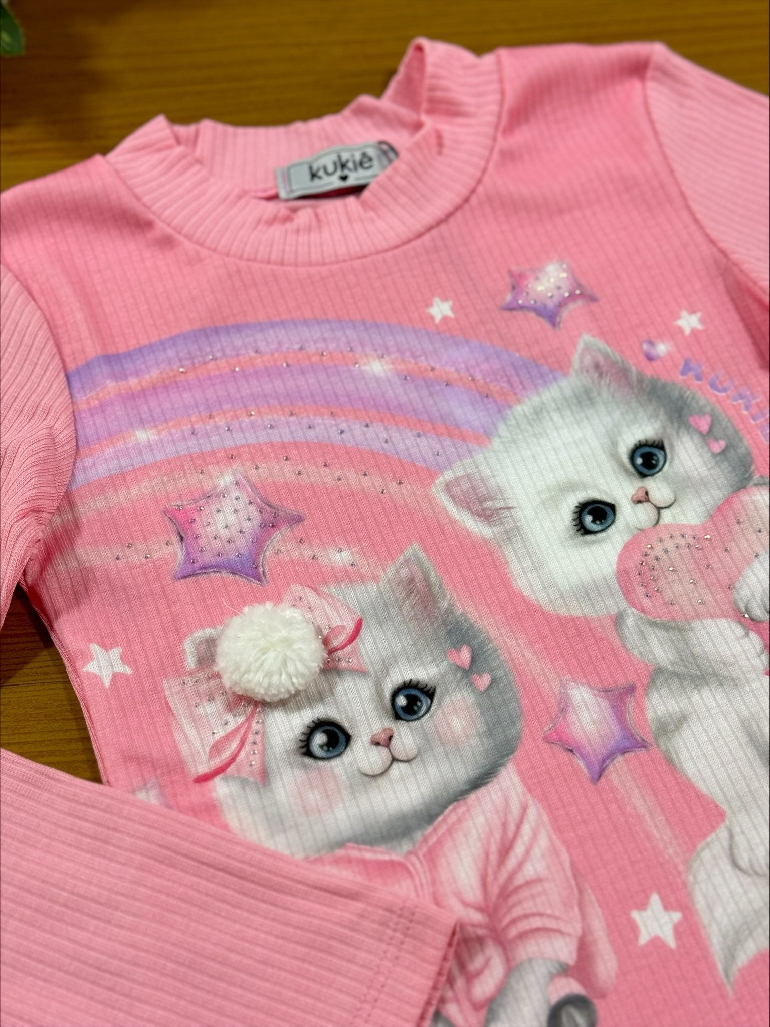 Blusa Infantil Kukie Inverno Manga Longa Rosa Gatinha