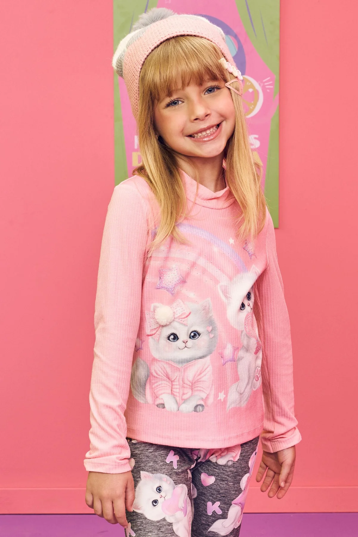 Blusa Infantil Kukie Inverno Manga Longa Rosa Gatinha
