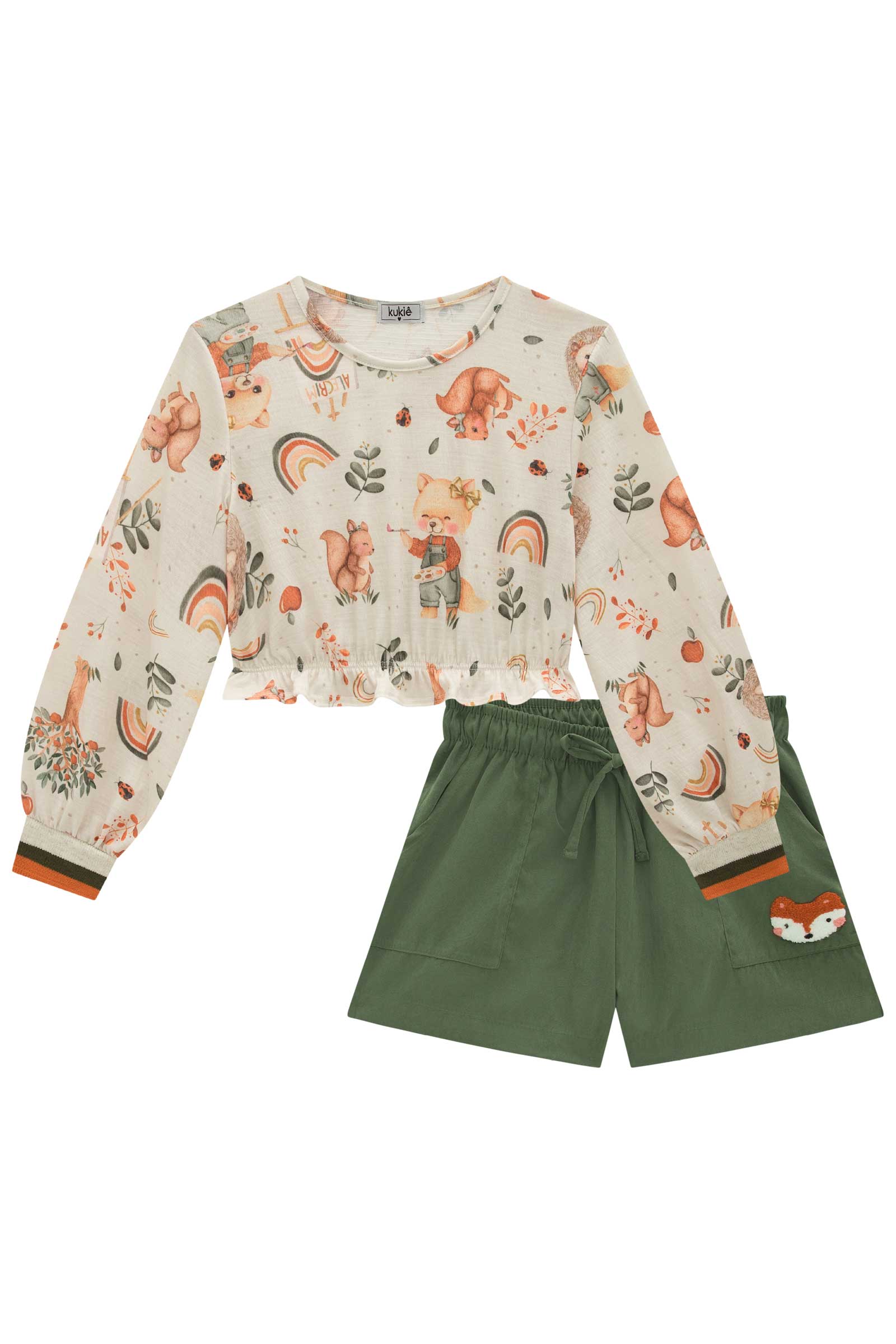 Conjunto Infantil Kukie Alecrim Inverno Shorts e Blusa Manga Longa Bichinhos