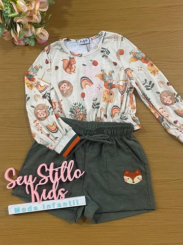 Conjunto Infantil Kukie Alecrim Inverno Shorts e Blusa Manga Longa Bichinhos