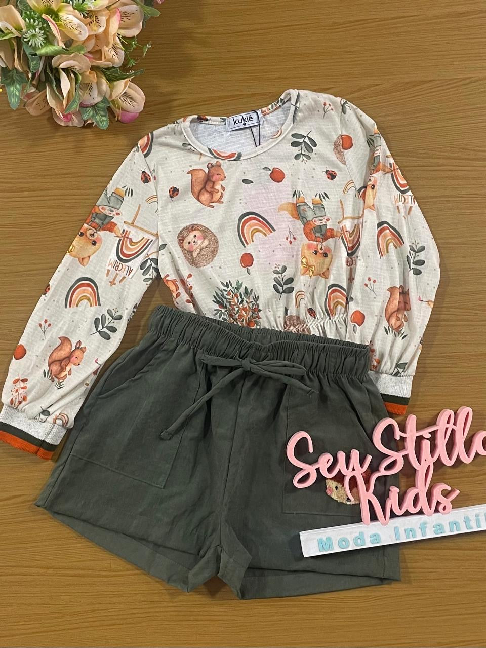 Conjunto Infantil Kukie Alecrim Inverno Shorts e Blusa Manga Longa Bichinhos