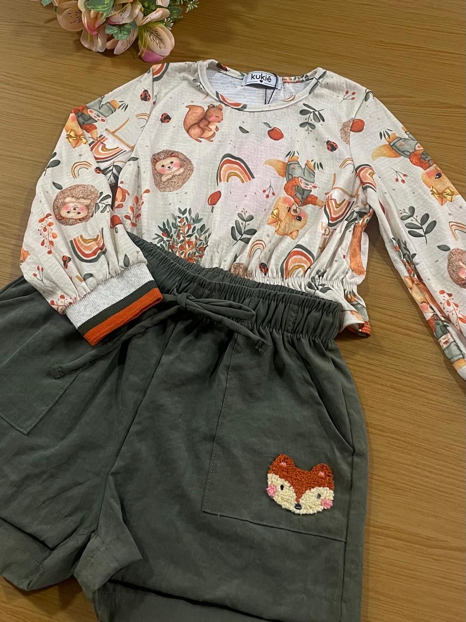 Conjunto Infantil Kukie Alecrim Inverno Shorts e Blusa Manga Longa Bichinhos