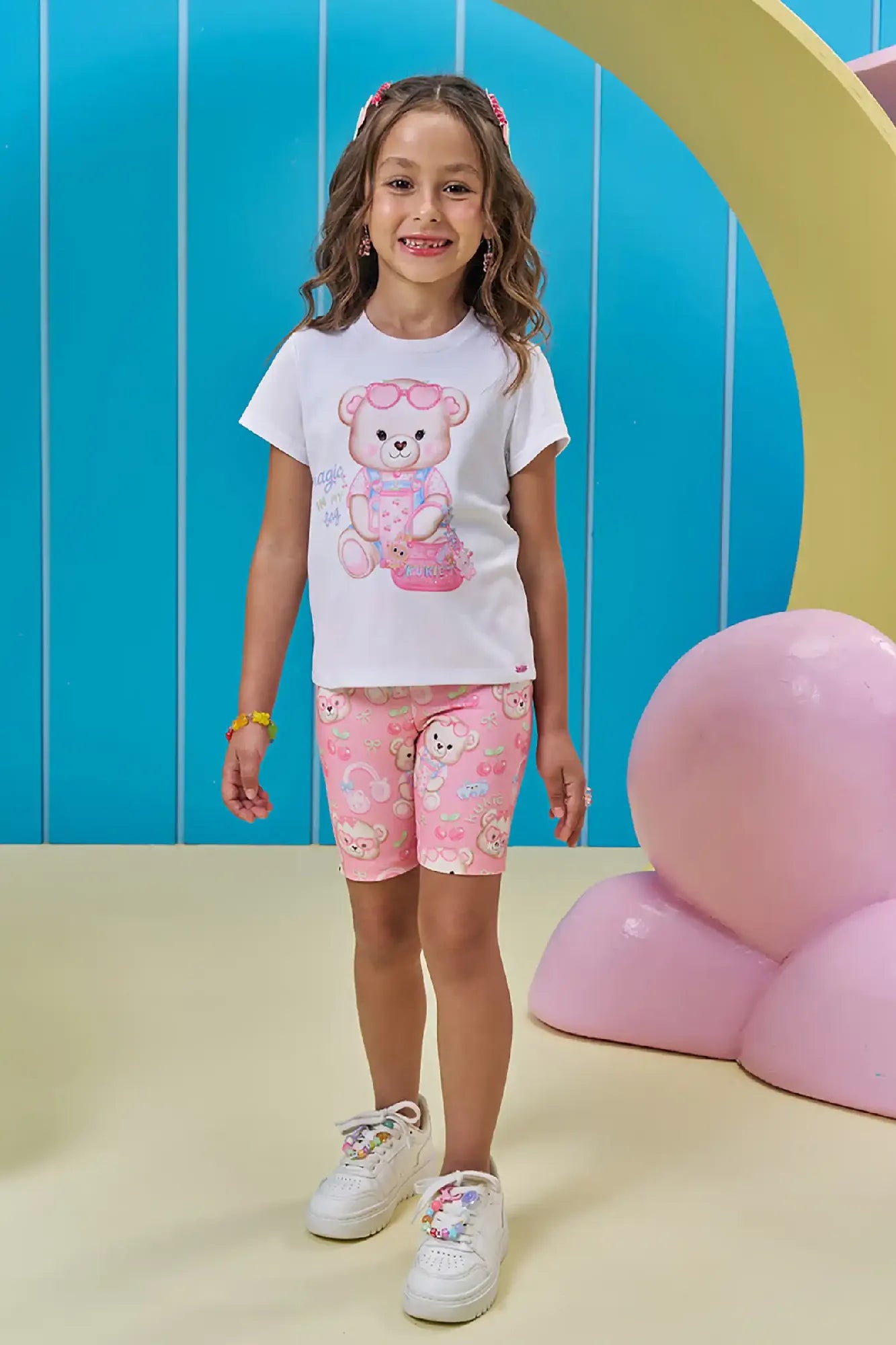 Shorts Ciclista Infantil Menina Kukiê Rosa Ursinha Cereja