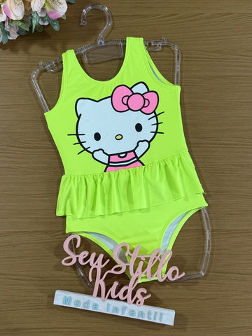 Maiô Infantil Momi Verão Amarelo Neon com Babado Hello Kitty