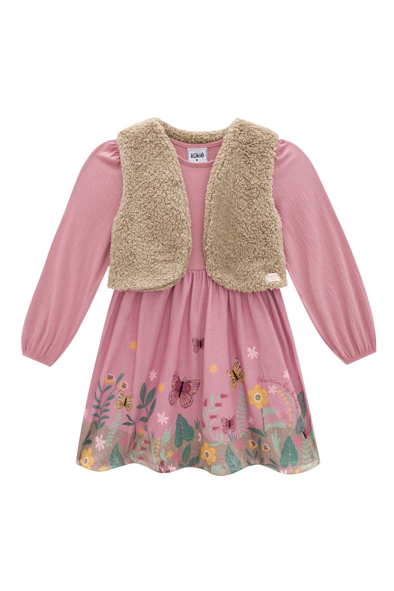Vestido Infantil Kukie Alecrim Inverno Jardim com Colete