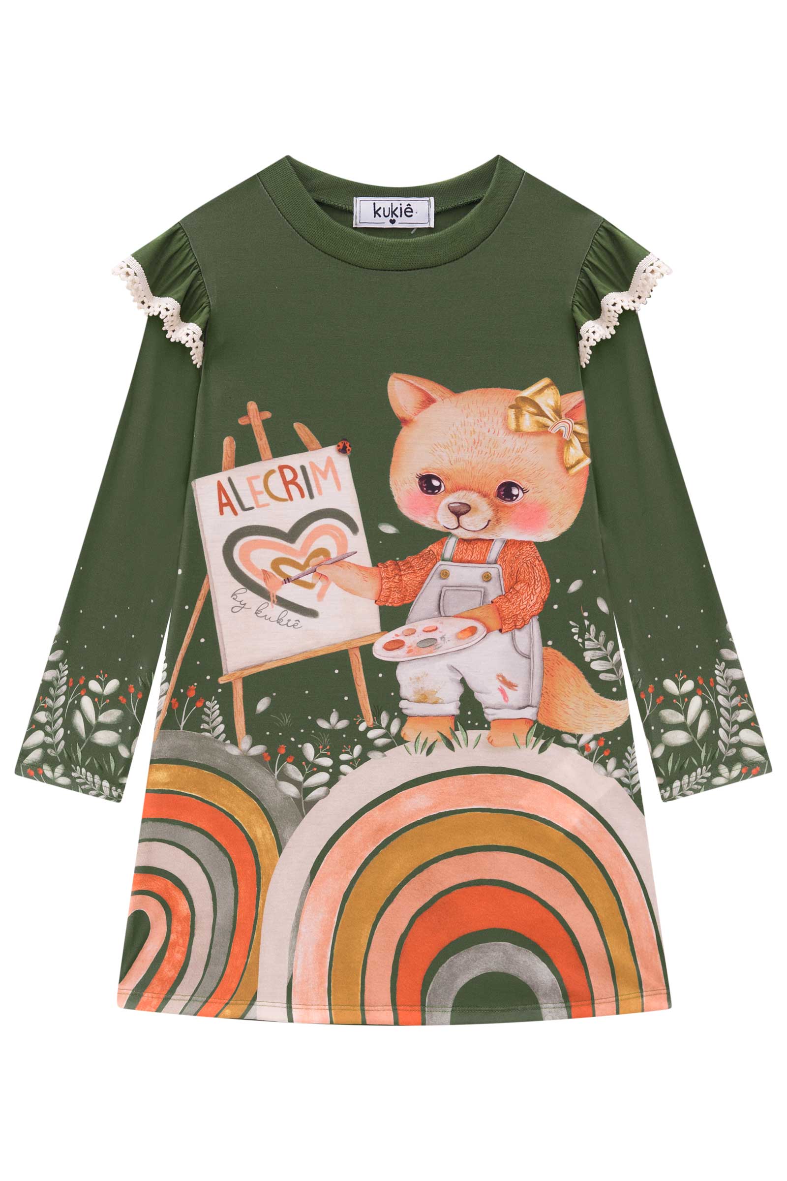 Vestido Infantil Kukie Inverno Verde Raposinha Pintora