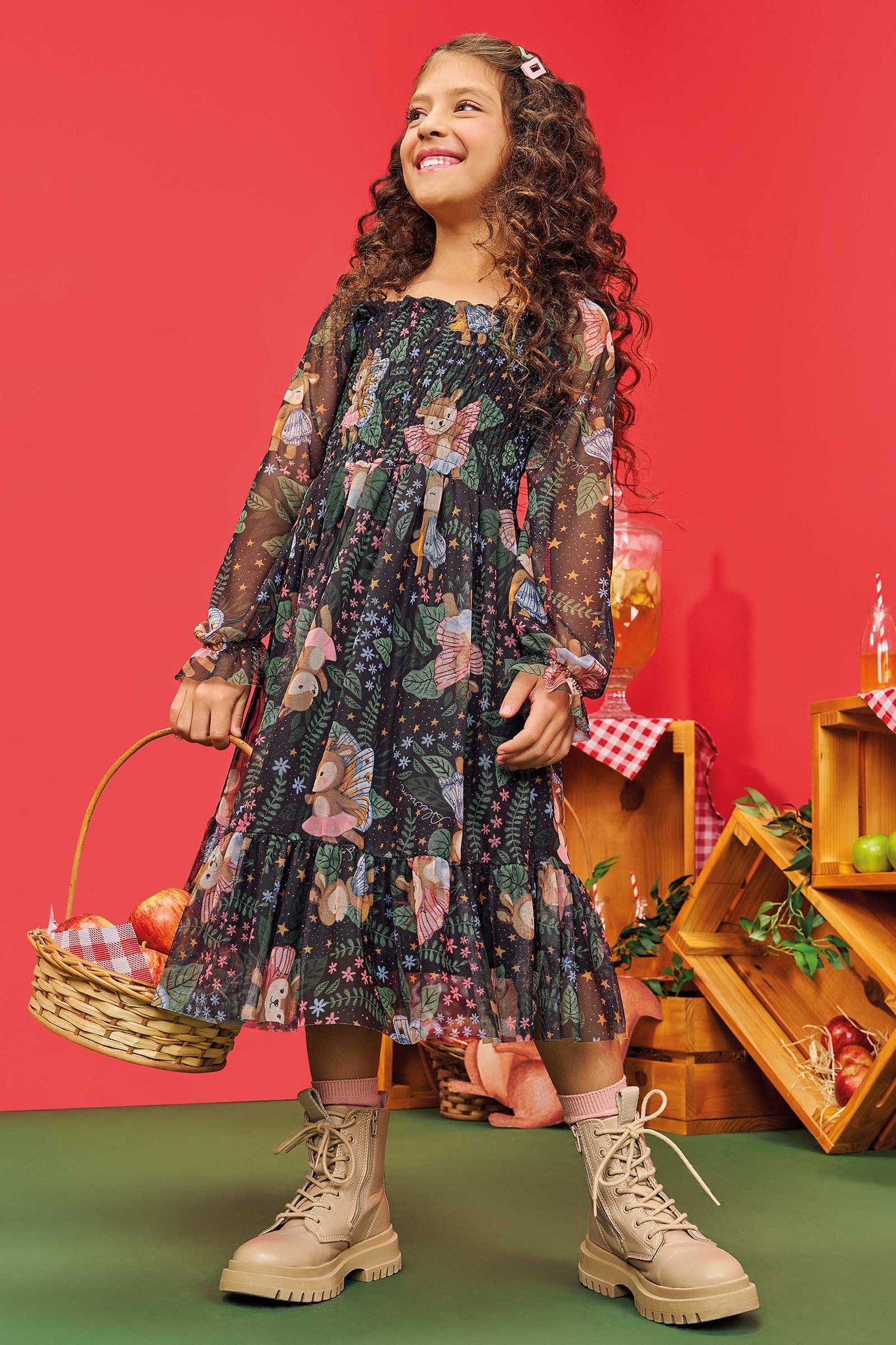 Vestido Infantil Kukie Alecrim Inverno com Tule Cervo
