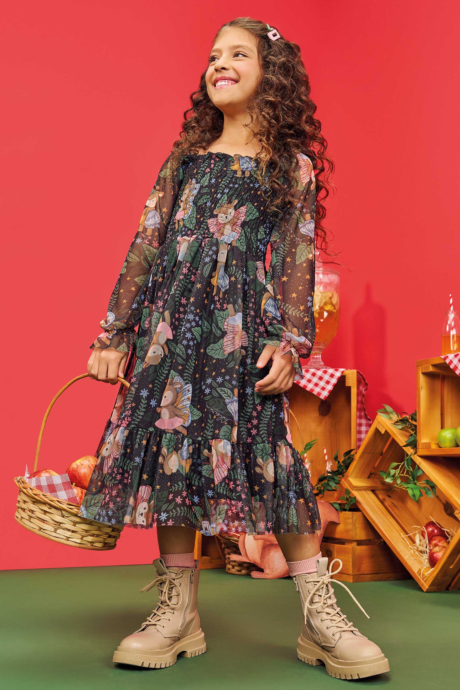 Vestido Infantil Kukie Alecrim Inverno com Tule Cervo