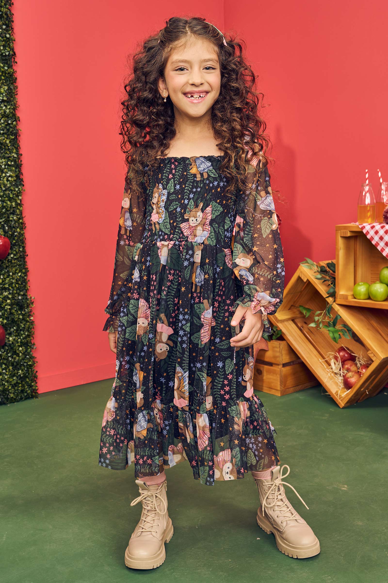 Vestido Infantil Kukie Alecrim Inverno com Tule Cervo