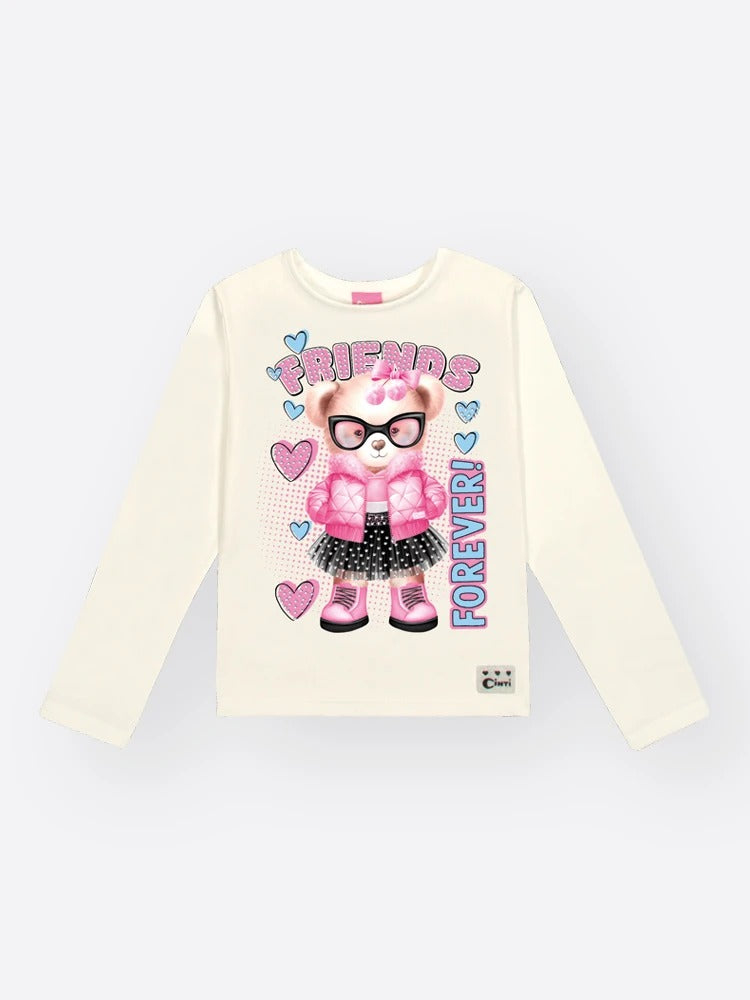 Blusa Infantil Cinti Inverno Manga Longa Térmica Branca Ursinha Friends Forever
