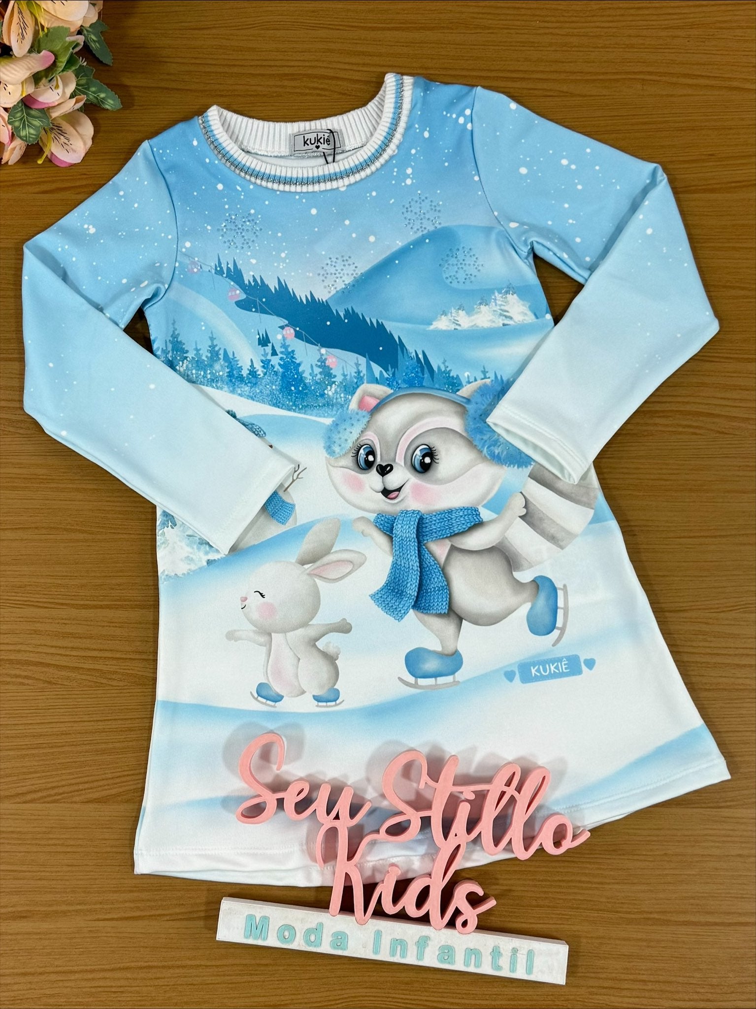 Vestido Infantil Kukie Inverno em Malha Térmica Azul Polar