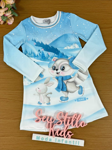 Vestido Infantil Kukie Inverno em Malha Térmica Azul Polar