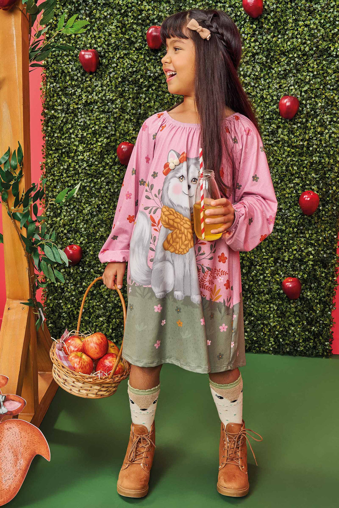 Vestido Infantil Kukie Alecrim Inverno Lobo Branco
