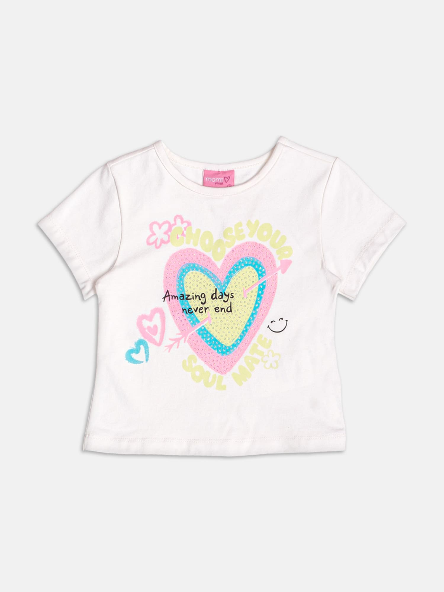Conjunto Infantil Momi Verão com Shorts Amarelo e Blusa Branca Coração com Strass