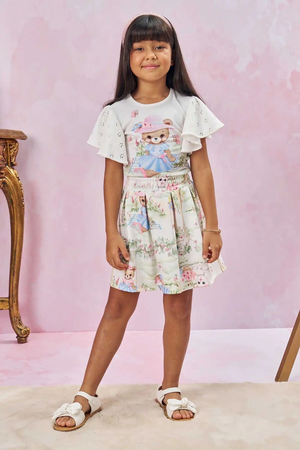 Conjunto Infantil Kukie Verão Com Saia e Blusa Ursinha Piquenique