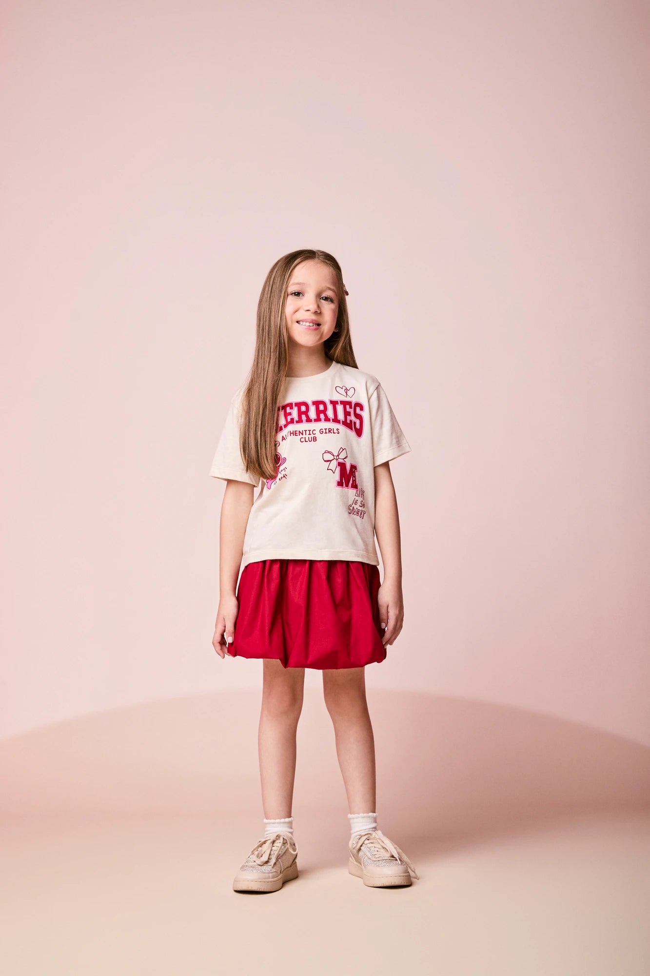 Conjunto Infantil Momi Inverno com Saia  Balonê Vermelha e Blusa Manga Curta Cherries