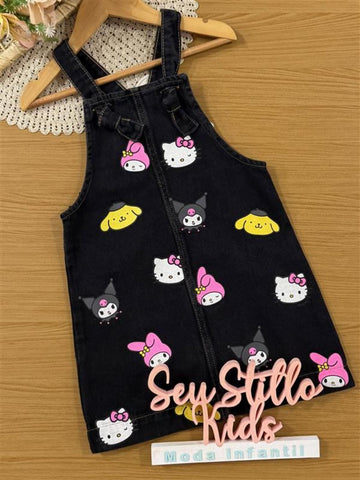 Salopete Infantil Momi Inverno Jeans Preto Hello Kitty Friends