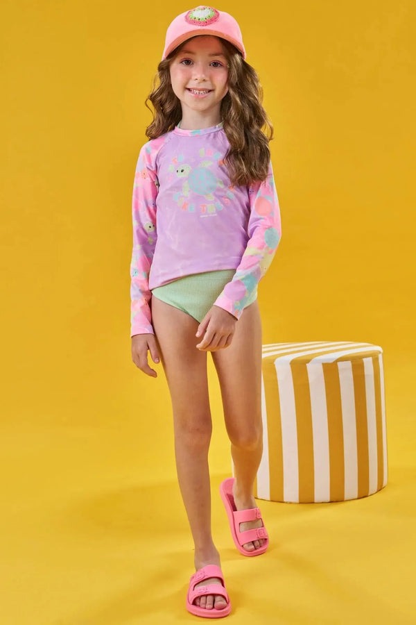 Biquíni Infantil Kukiê Verão Verde com Blusa Manga Longa Tartaruguinha