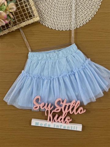 Saia Infantil Cinti Verão Azul em Tule com Brilho