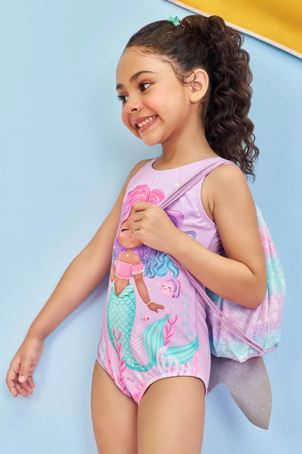 Maiô Infantil Kukie Verão Lilás Sereia com Strass e Bolsinha