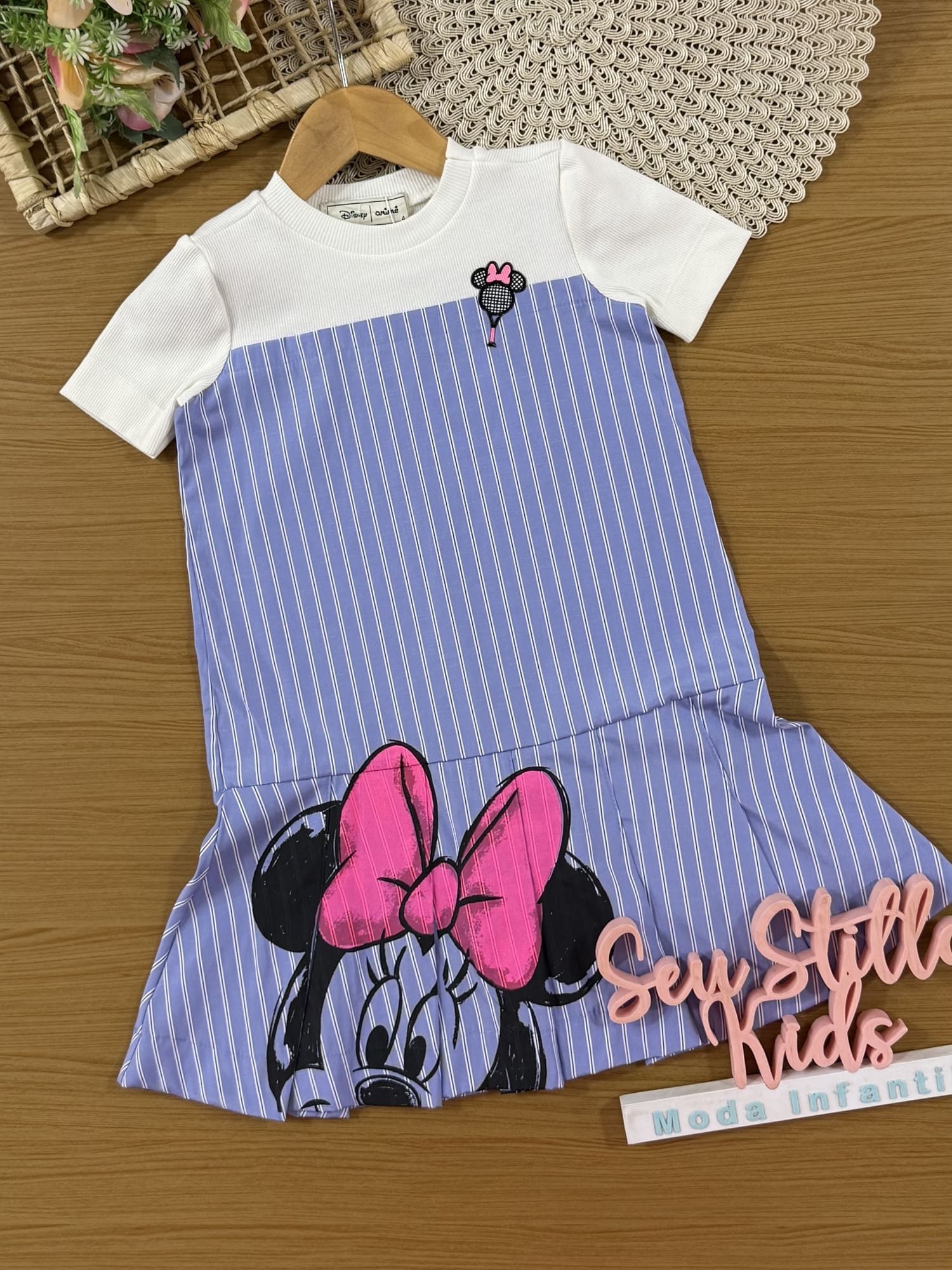 Vestido Infantil Animê Verão Azul Listrado Minnie Tênista Disney
