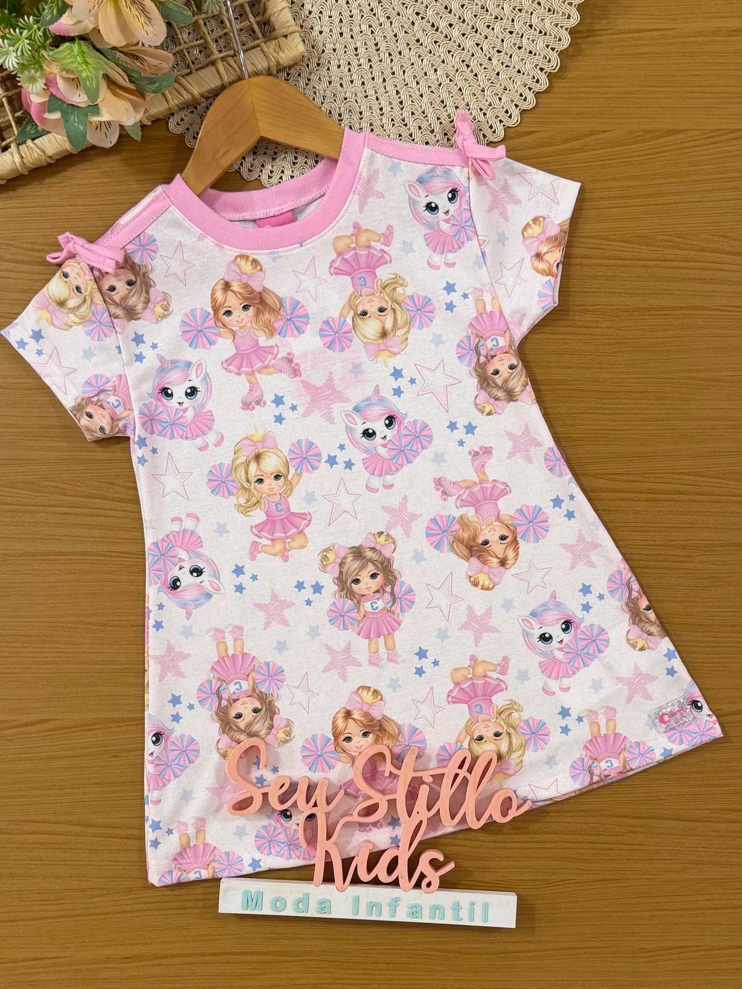 Vestido Infantil Cinti Verão Rosa Unicórnio e Lider de Torcida