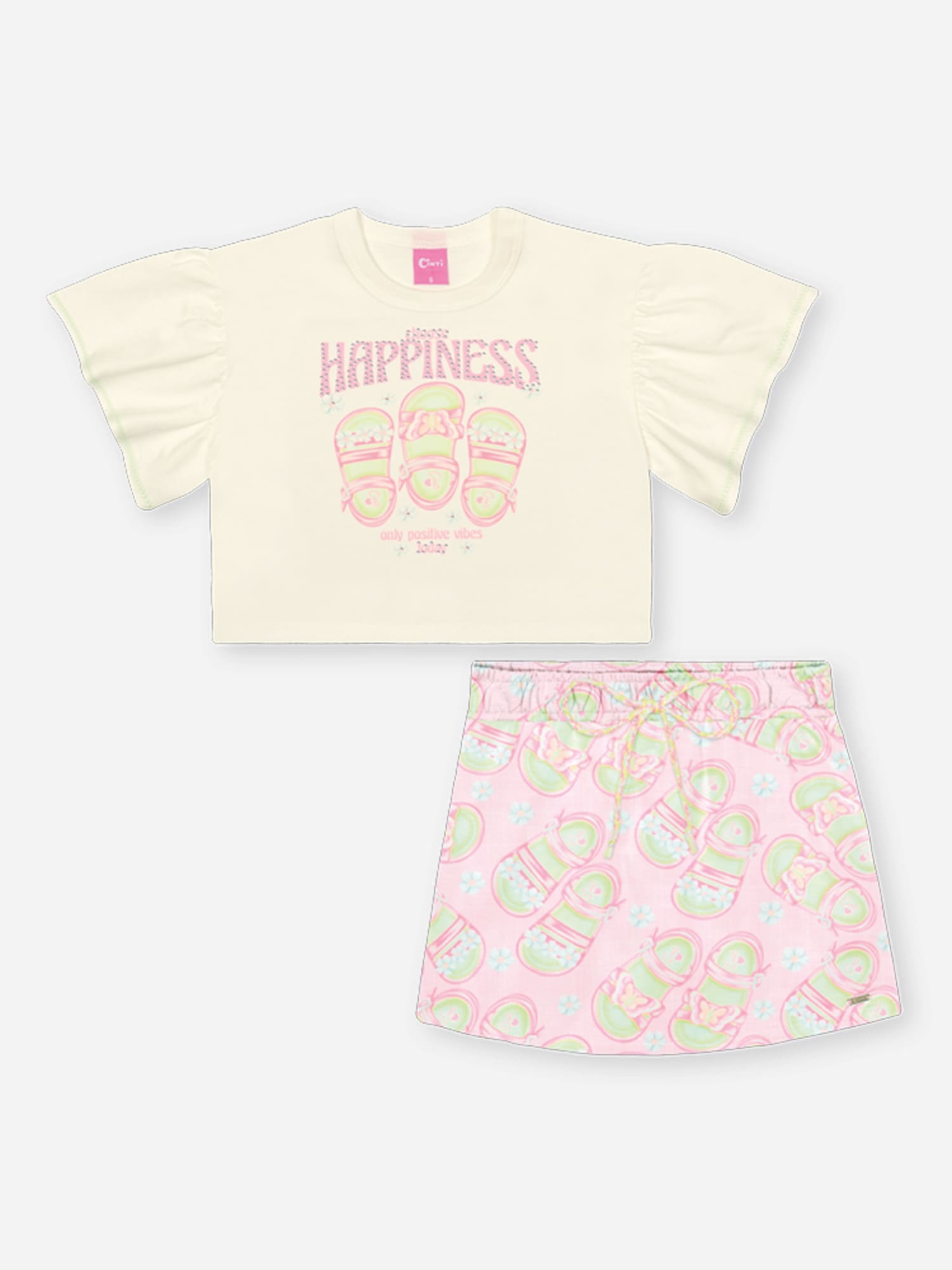 Conjunto Infantil Cinti Verão com Shorts Saia Rosa e Blusa Branca Happiness